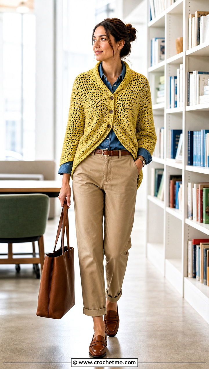 Buttoned Crochet Shawl With Chambray Shirt And Chinos - 35 easy crochet shawl outfit ideas