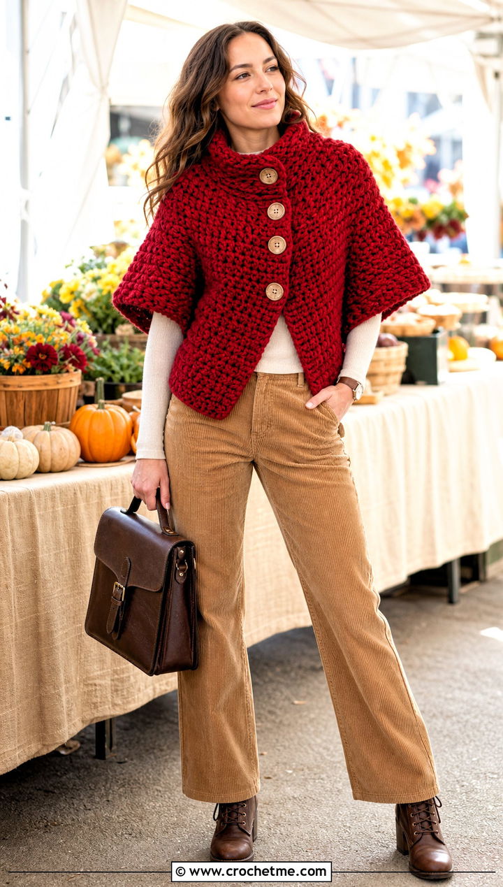 Buttoned Crochet Shawl With Corduroy Pants - 15 Super Bulky Crochet Shawl outfit ideas