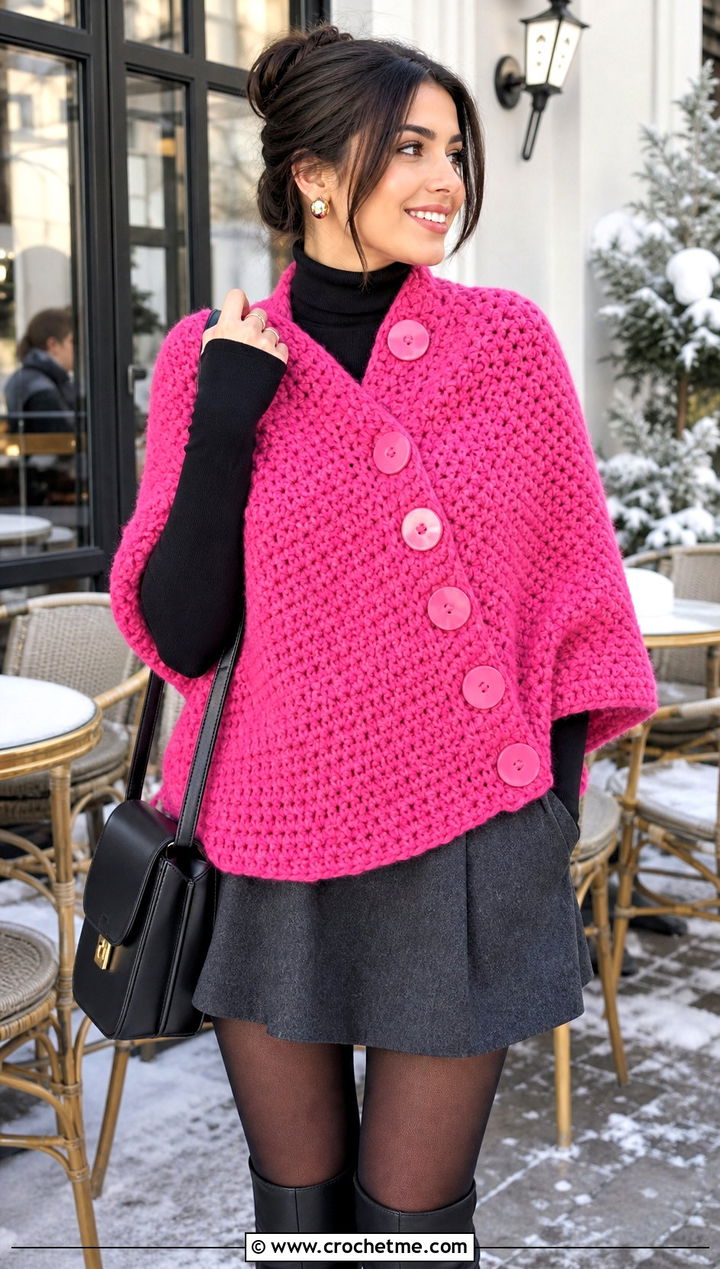 Buttoned Crochet Shawl With Mini Skirt And Tights - 30 winter crochet shawl outfit ideas
