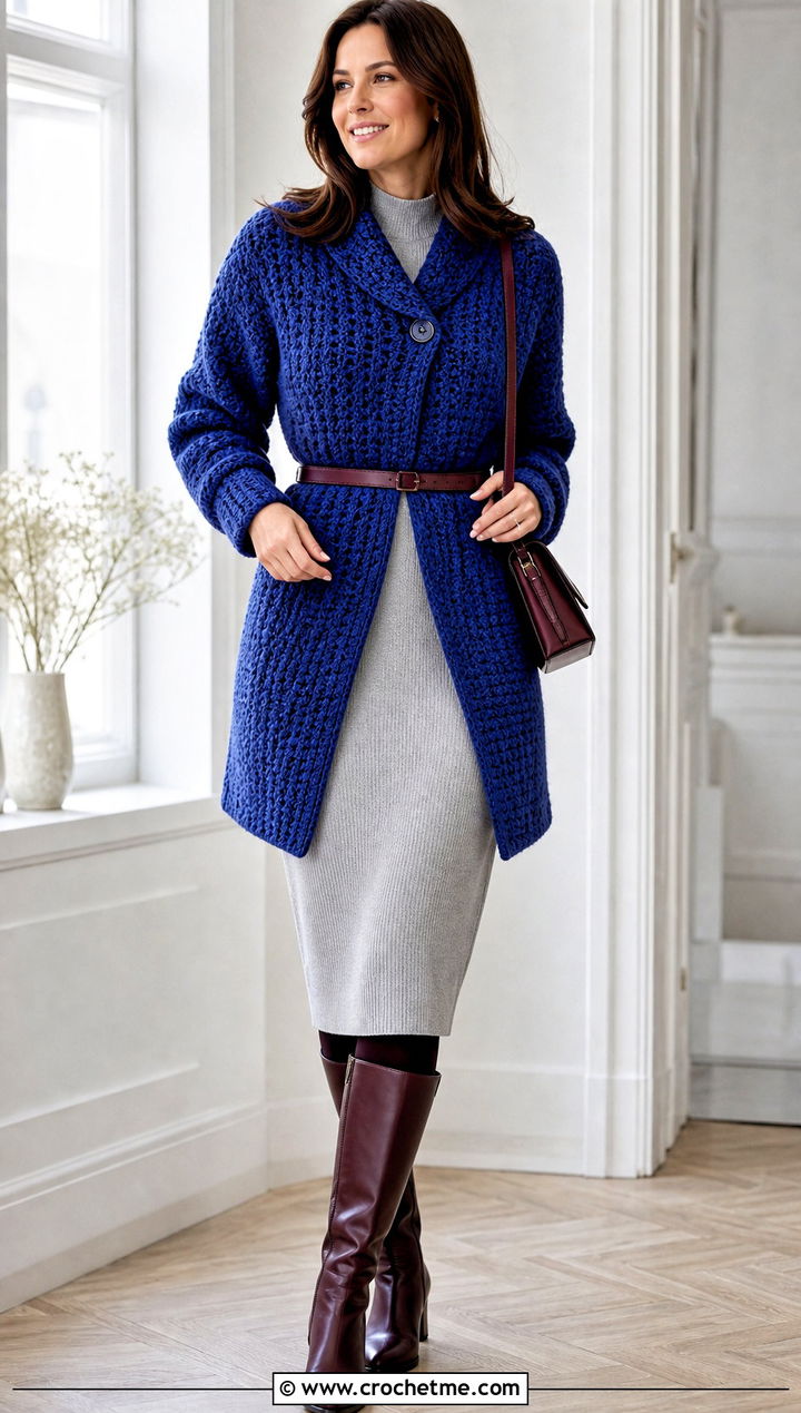Buttoned Crochet Shawl With Sleeves And Sweater Dress - 35 crochet shawl with sleeves outfit ideas