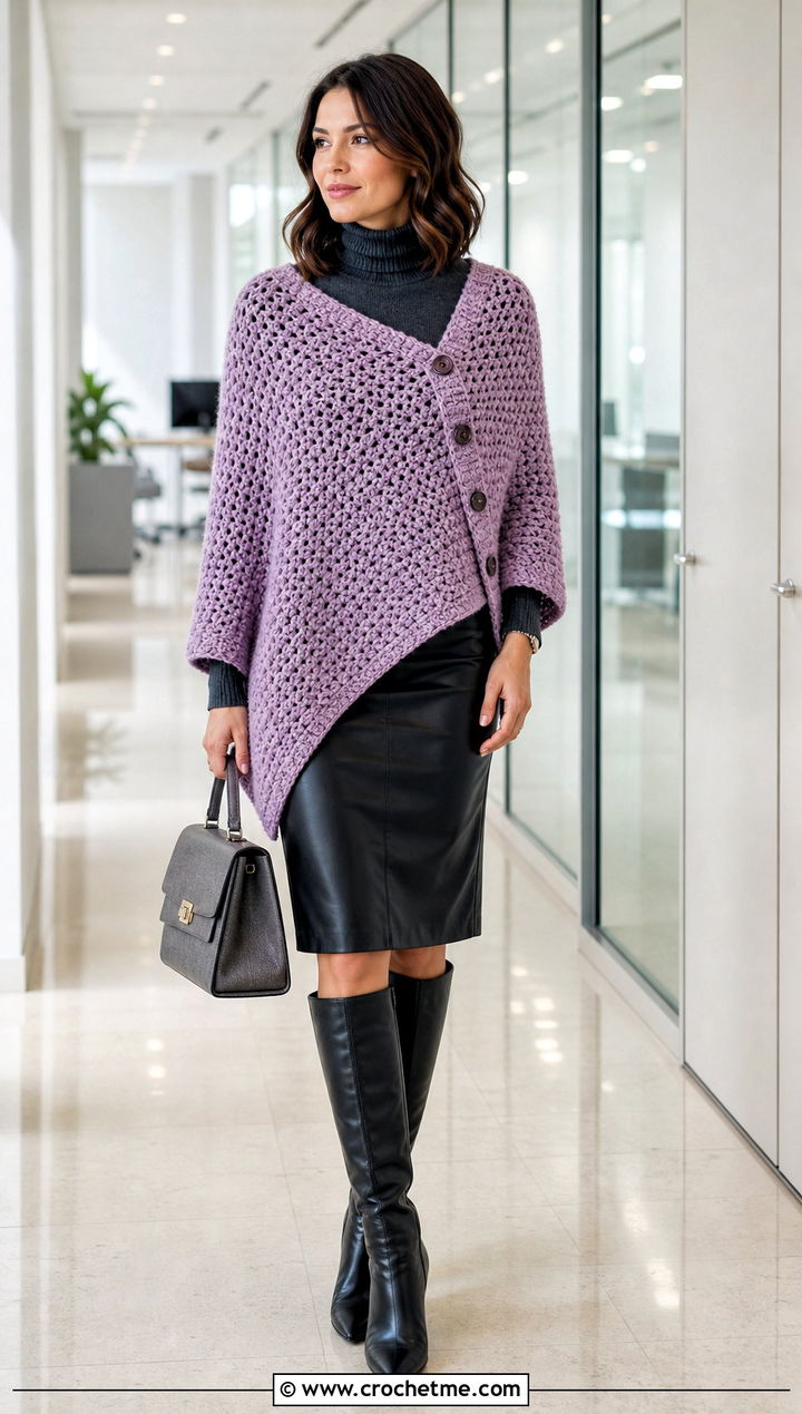 Buttoned Crochet Shawl With Turtleneck And Pencil Skirt - 35 quick crochet shawl outfit ideas
