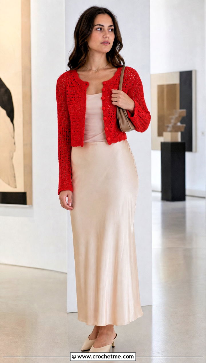 Buttoned Crochet Shrug With Slip Skirt - 35 crocheted shrug outfit ideas