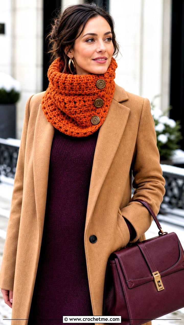 Buttoned Crochet Snood Cowl With Sweater Dress - 20 crochet snood cowl outfit ideas