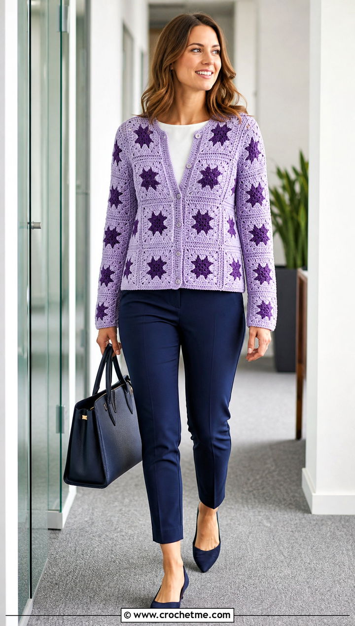 Buttoned Crochet Star Granny Square Cardigan With Ankle Pants - 25 Crochet Star Granny Square Cardigan outfit ideas