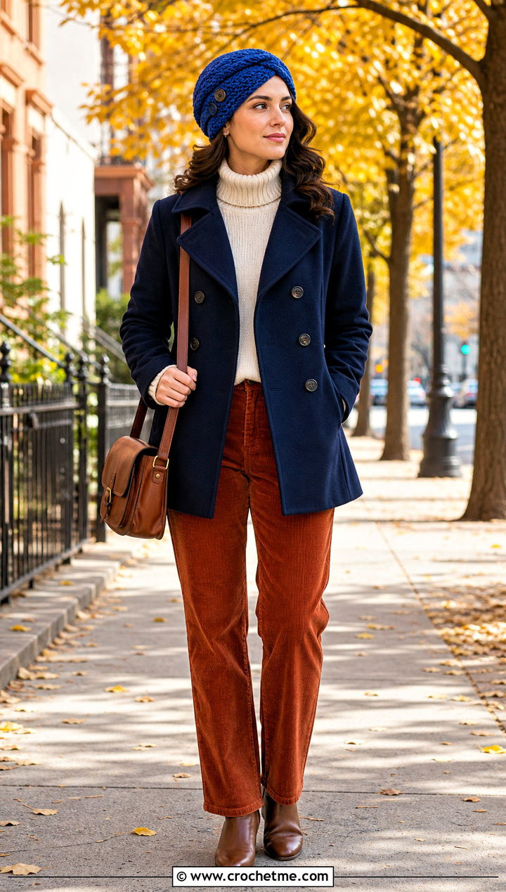 Buttoned Crochet Turban With Pea Coat And Corduroy Pants - 35 crochet turban outfit ideas