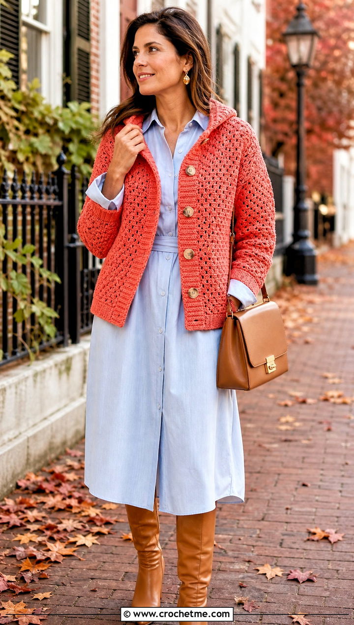 Buttoned Crochet Turtle Neck Hoodie With Shirt Dress - 30 crochet turtle neck hoodie outfit ideas