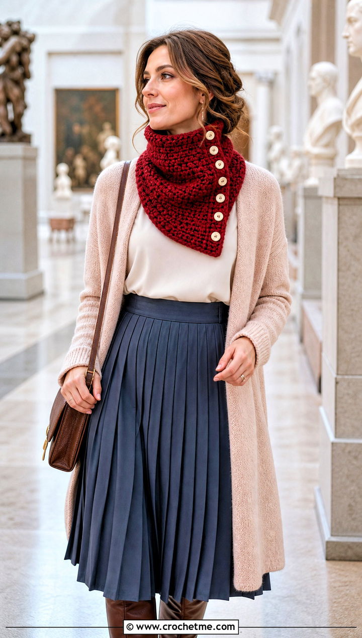 Buttoned Crochet Turtleneck Cowl With Cardigan And Midi Skirt - 25 Crochet Turtleneck Cowl outfit ideas