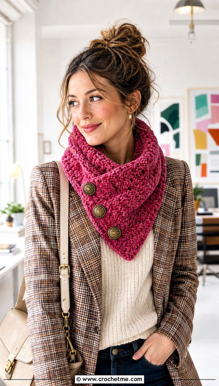 Buttoned Crochet Velvet Cowl Scarf With Plaid Blazer - 25 Crochet Velvet Scarf outfit ideas