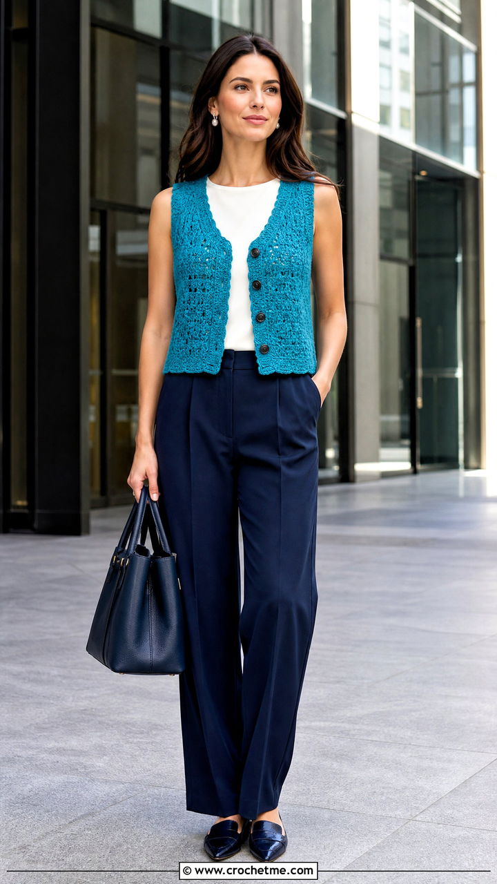 Buttoned Crochet Waistcoat With Matching Suit Pants - 35 easy crochet vest outfit ideas