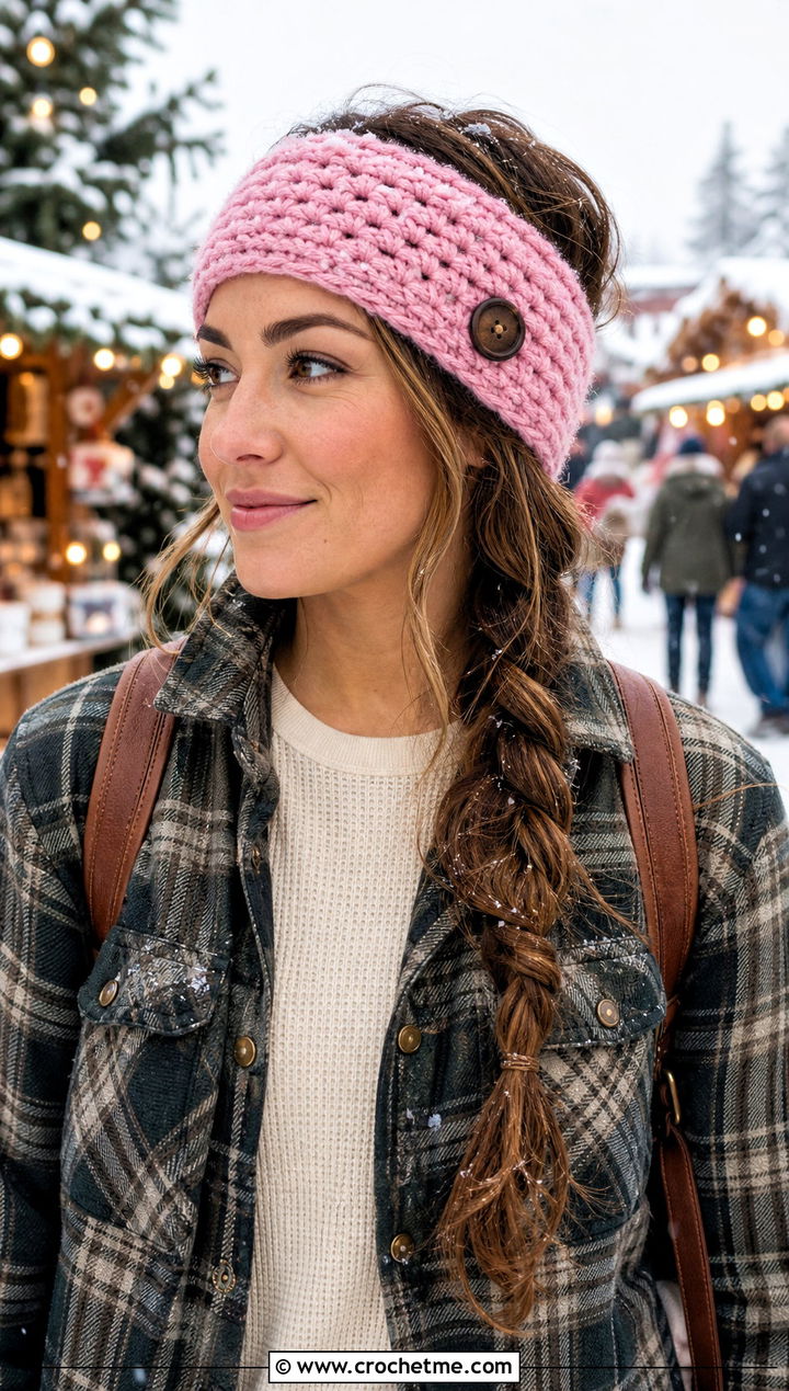 Buttoned Crochet Winter Headband With Shacket - 15 crochet winter head band outfit ideas