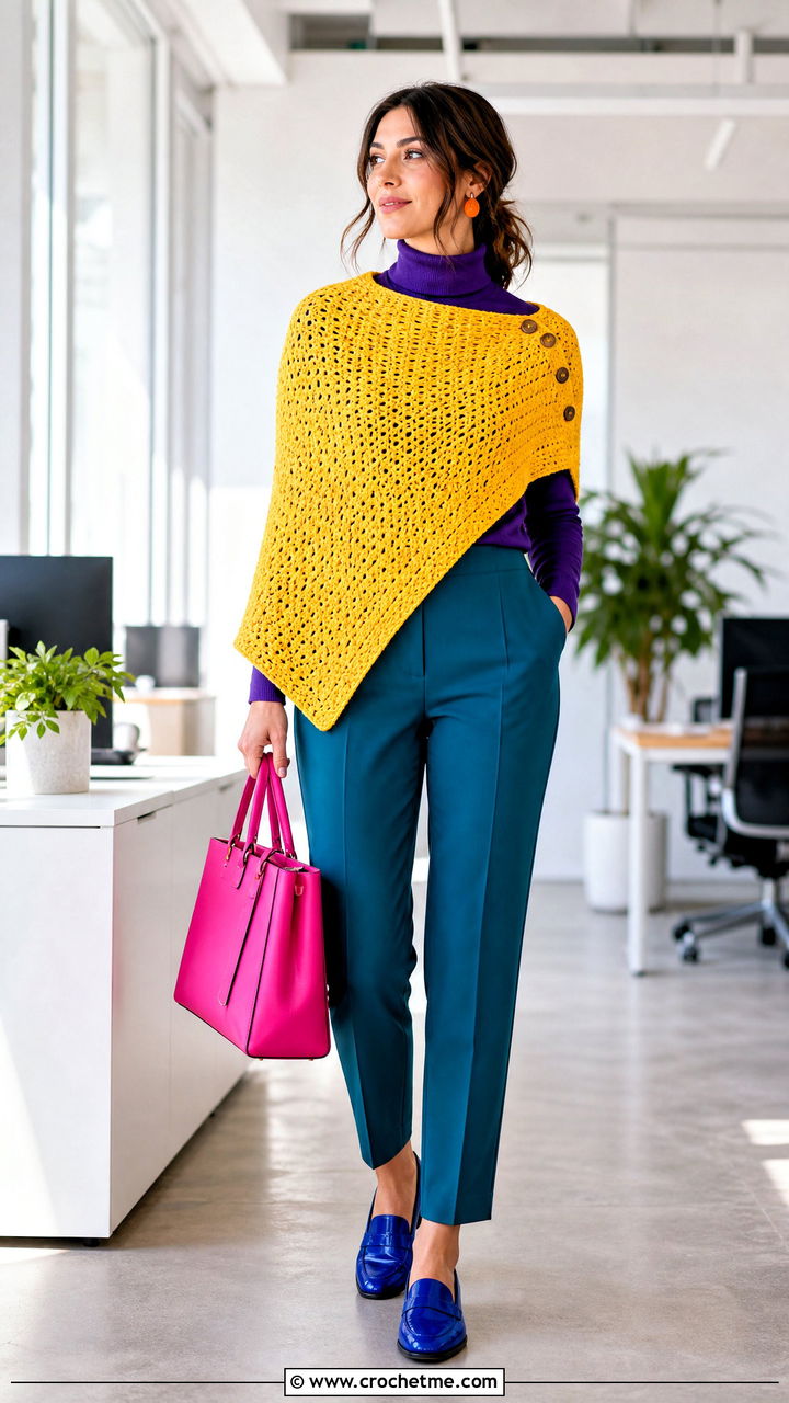 Buttoned Crochet Wrap Shawl With A Turtleneck And Trousers - 35 crochet shawl outfit ideas