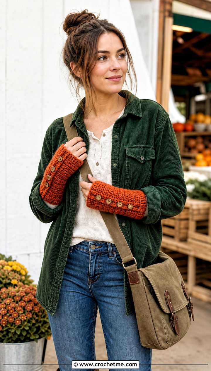 Buttoned Crochet Wrist Warmers With Corduroy Overshirt - 30 easy crochet hand warmers outfit ideas
