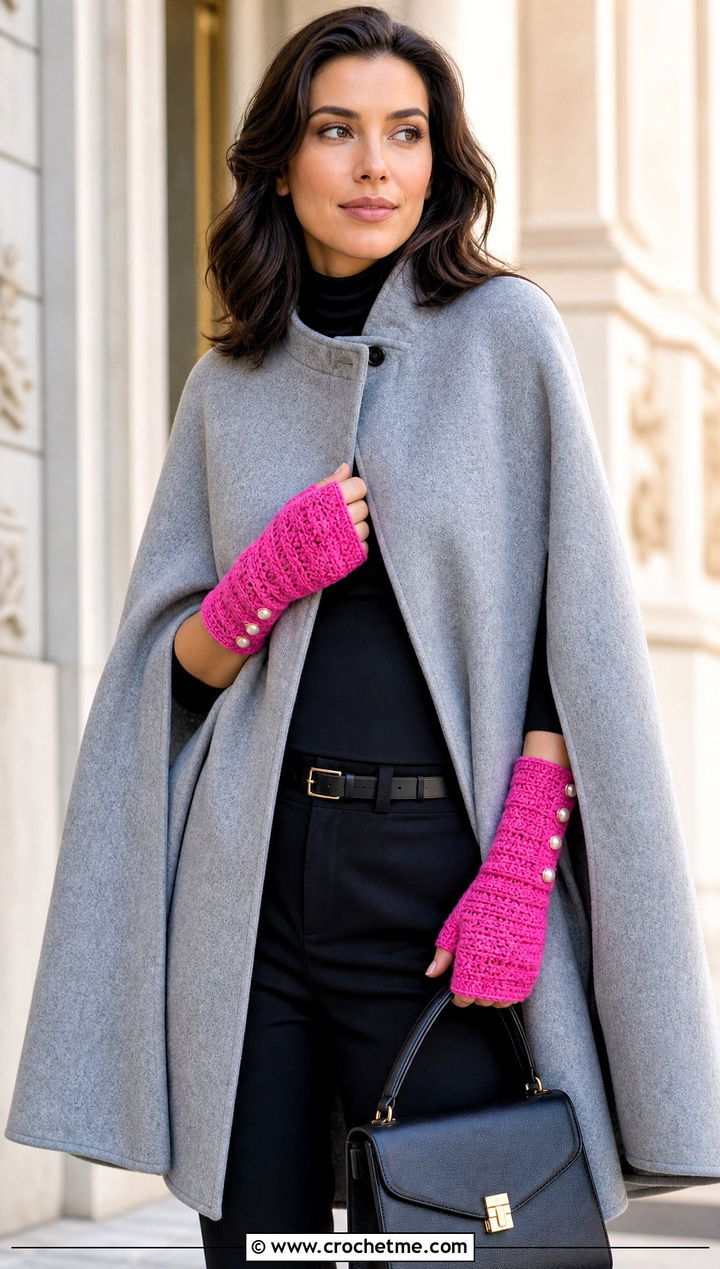 Buttoned Cuff Fingerless Crochet Gloves With Cape Coat - 30 fingerless crochet gloves outfit ideas