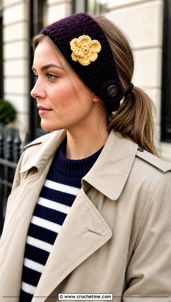 Buttoned Daisy Ear Warmer Headband With Trench Coat - 15 daisy flower crochet headband outfit ideas