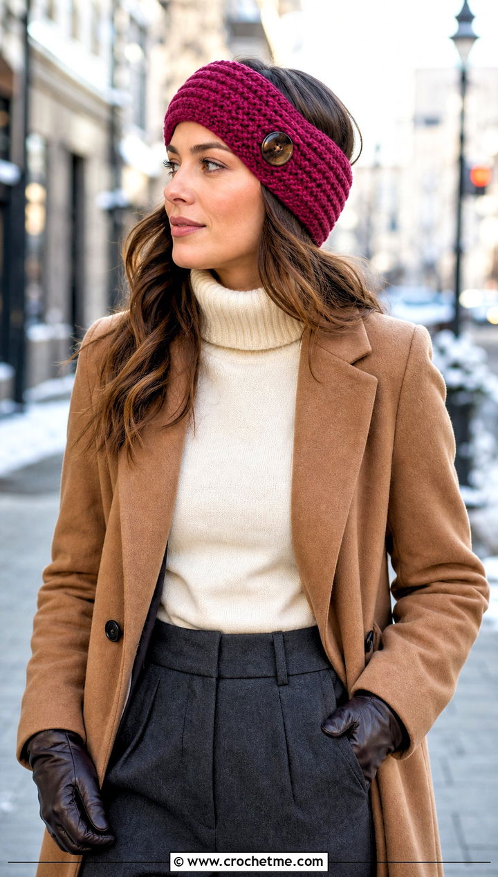 Buttoned Ear Warmer Head Wrap With Wool Coat - 30 crochet head wrap outfit ideas