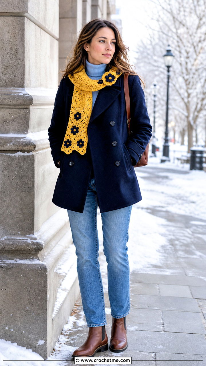 Buttoned Flower Crochet Scarf With Peacoat And Straight Jeans - 35 crochet flower scarf outfit ideas