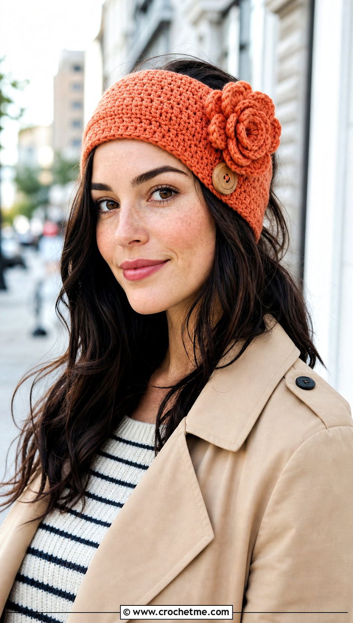 Buttoned Flower Headband With Trench Coat And Loafers - 30 crochet headband with flower outfit ideas