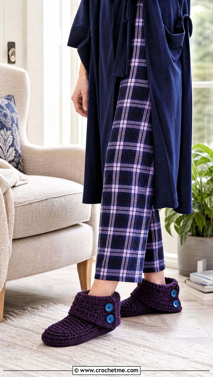 Buttoned Folded Crochet Slippers With Plaid Pajamas - 25 Folded Crochet Slippers outfit ideas