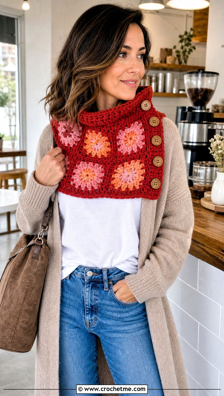 Buttoned Granny Square Cowl With Cardigan And Jeans - 25 Granny Square Cowl outfit ideas