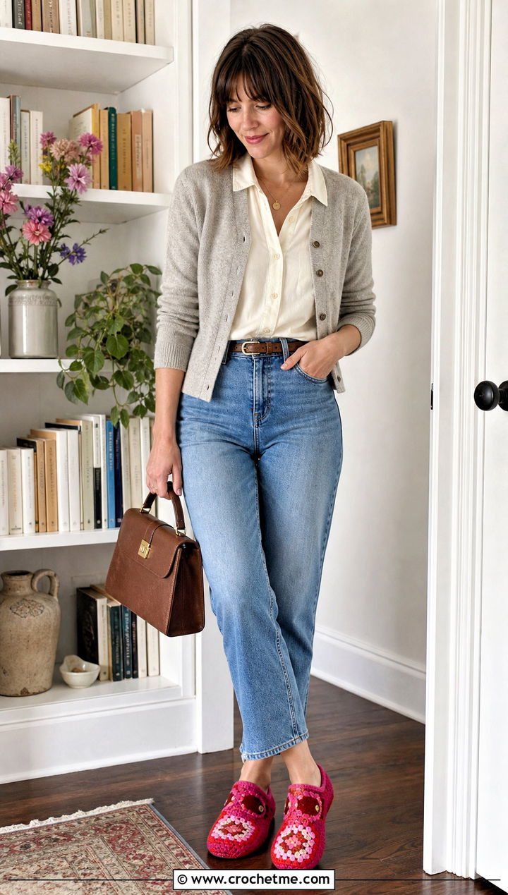 Buttoned Granny Square Slippers With Vintage Denim - 35 granny square slippers outfit ideas
