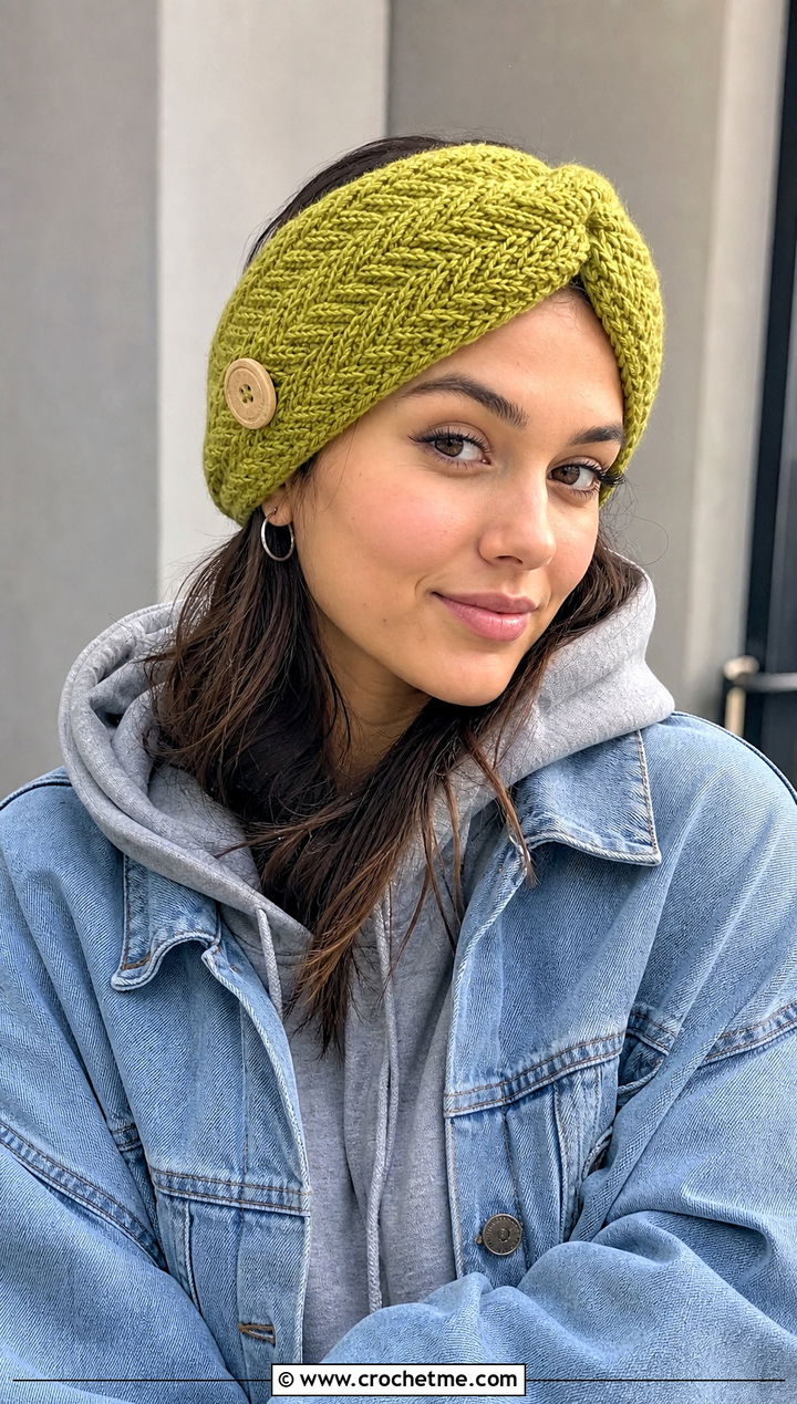 Buttoned Herringbone Crochet Ear Wrap With Denim Jacket - 20 crochet ear wrap outfit ideas