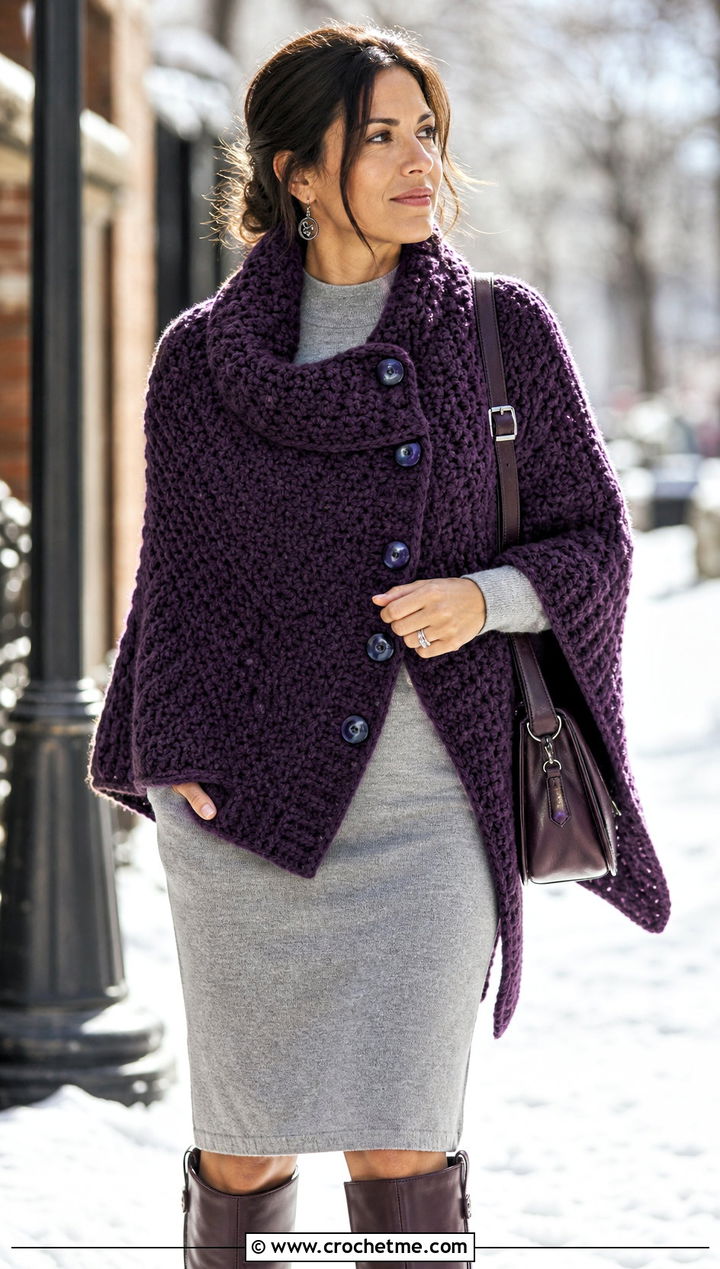 Buttoned Highlander Shawl With Knit Dress - 20 Crochet Highlander Shawl outfit ideas