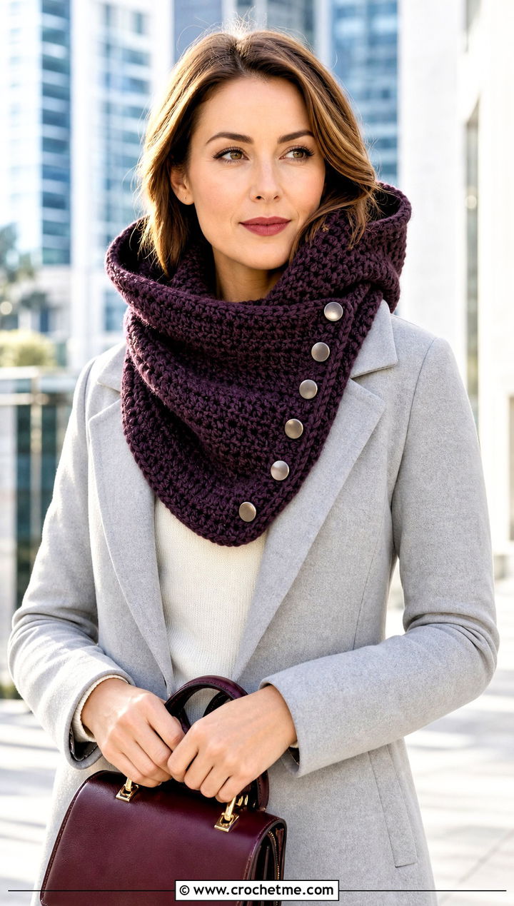 Buttoned Hooded Crochet Cowl Snood With Tailored Coat - 25 hooded crochet cowl snood outfit ideas