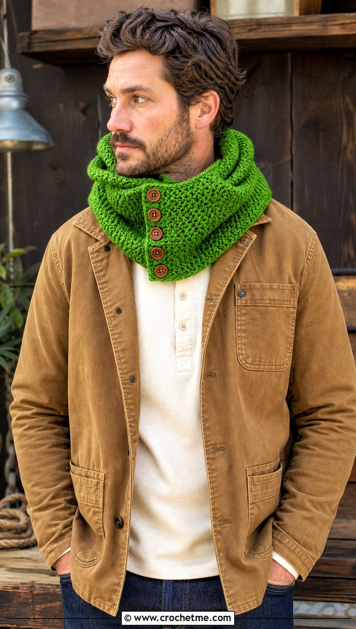 Buttoned Hooded Infinity Scarf With Chore Coat - 20 Crochet Hooded Scarf For Men outfit ideas