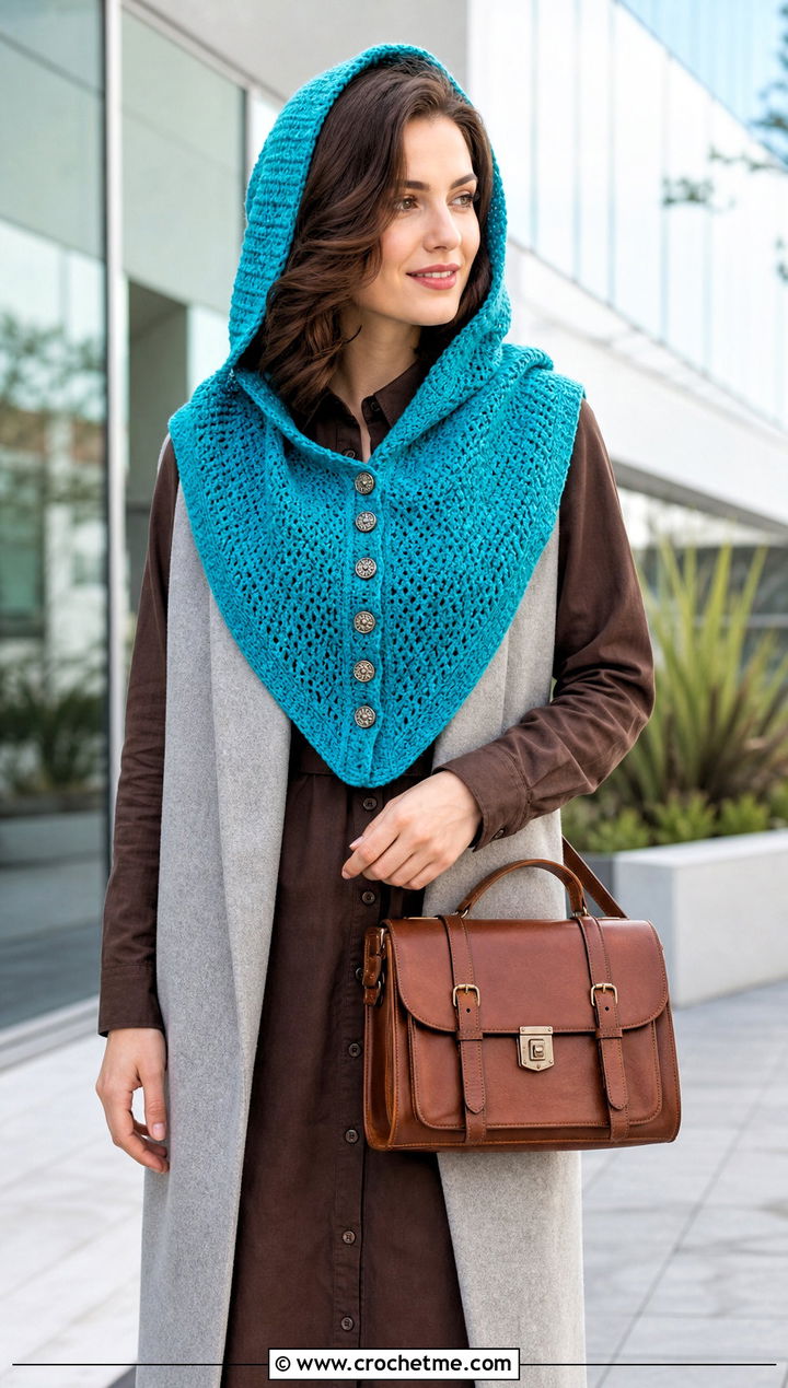Buttoned Hooded Scarf With Shirt Dress - 25 Crochet Hoodie Scarf outfit ideas
