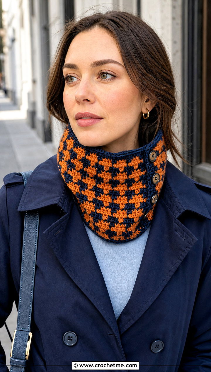 Buttoned Houndstooth Crochet Neck Warmer With Trench Coat - 15 Houndstooth Crochet Scarf outfit ideas