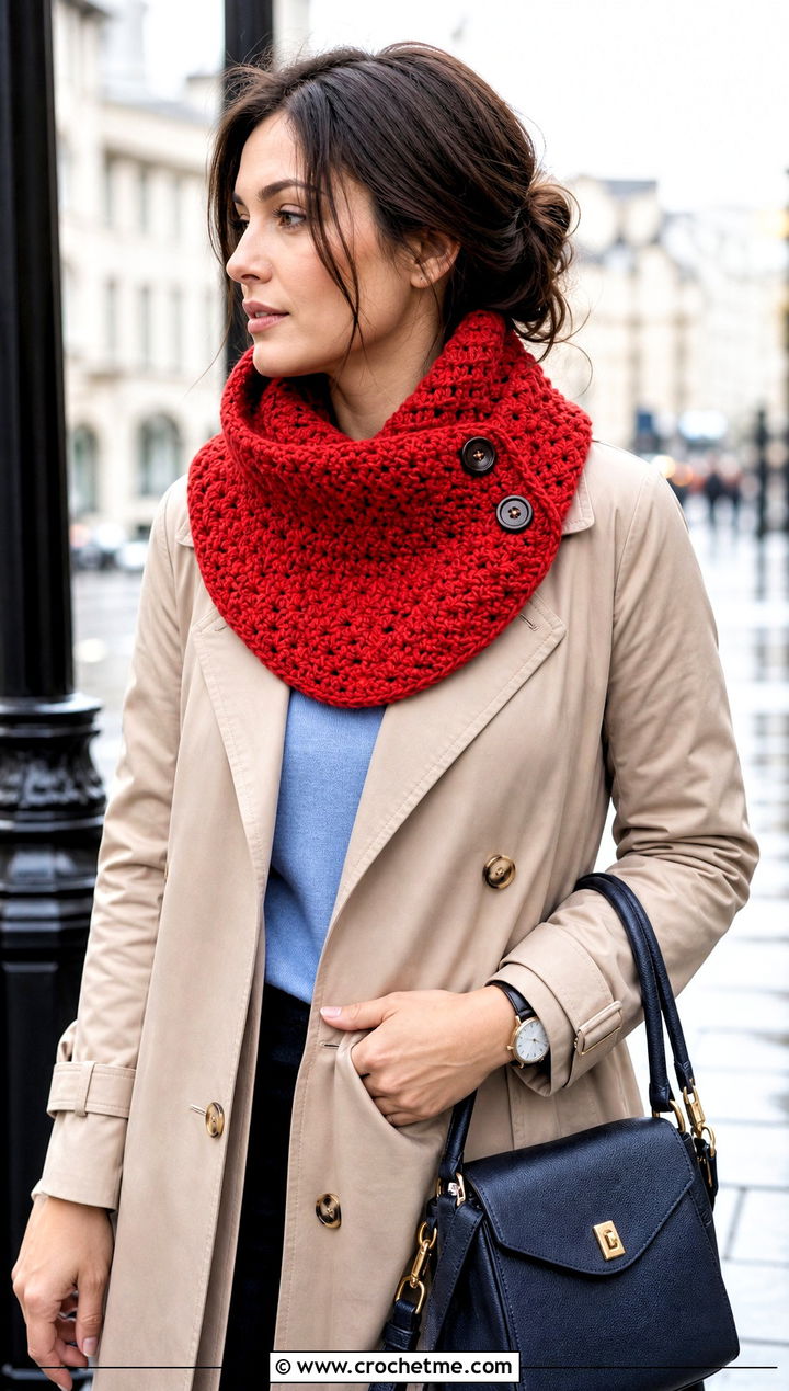 Buttoned Huntress Crochet Cowl With Trench Coat - 15 huntress crochet cowl outfit ideas