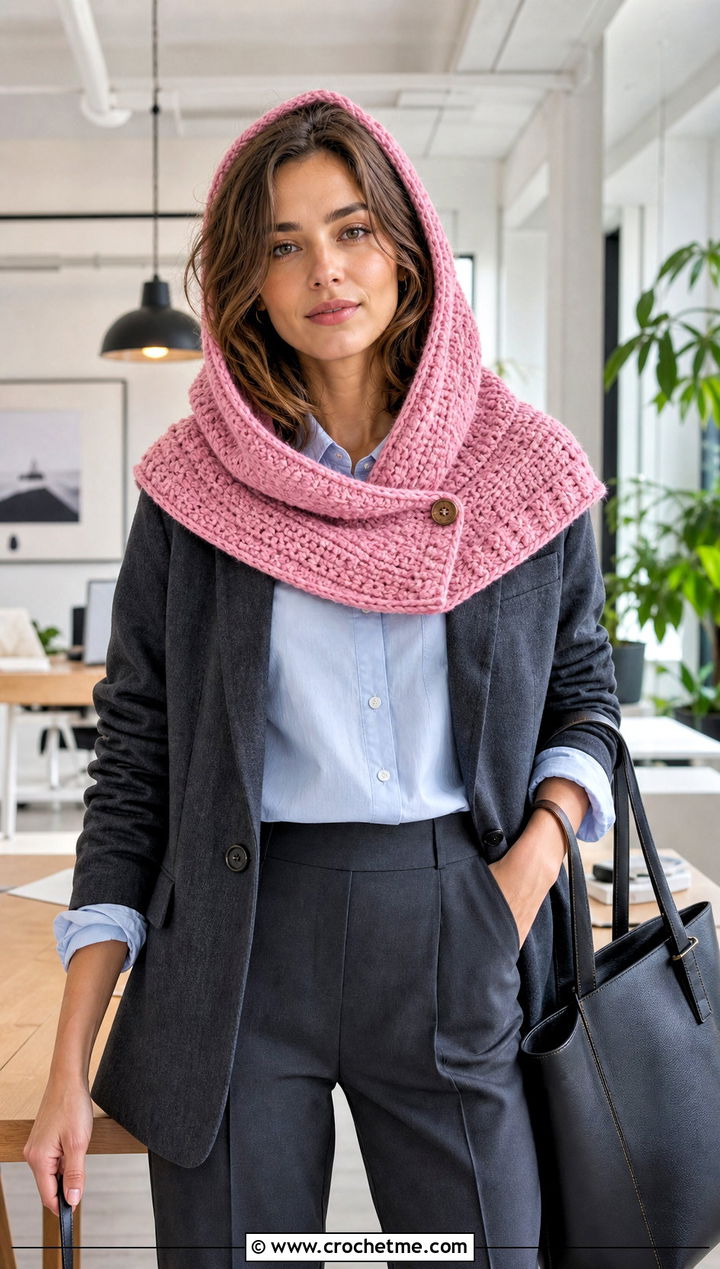 Buttoned Katniss Crochet Hooded Cowl With Blazer - 15 katniss crochet hat outfit ideas