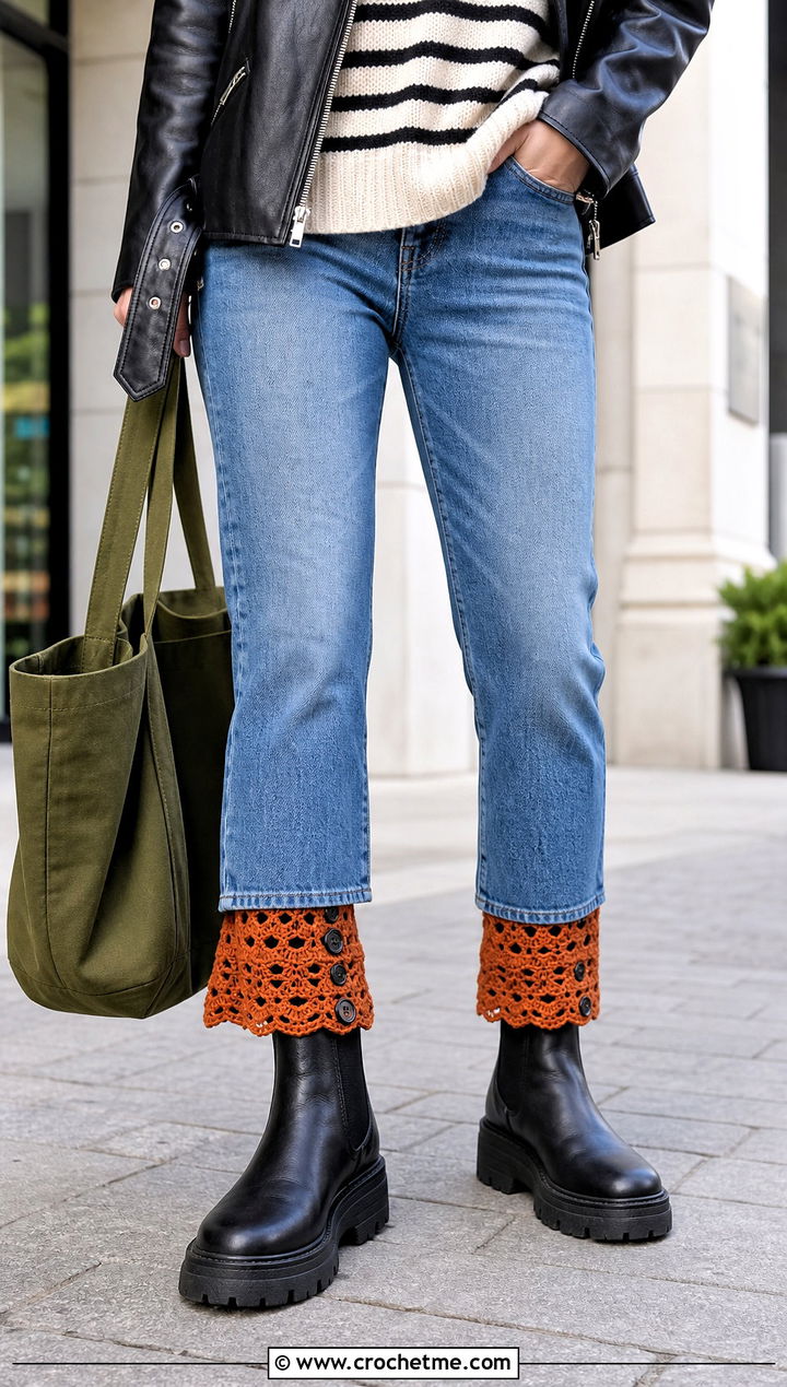 Buttoned Lace Boot Cuffs With Straight Jeans And Lug Boots - 15 Crochet Lace Boot Cuffs outfit ideas