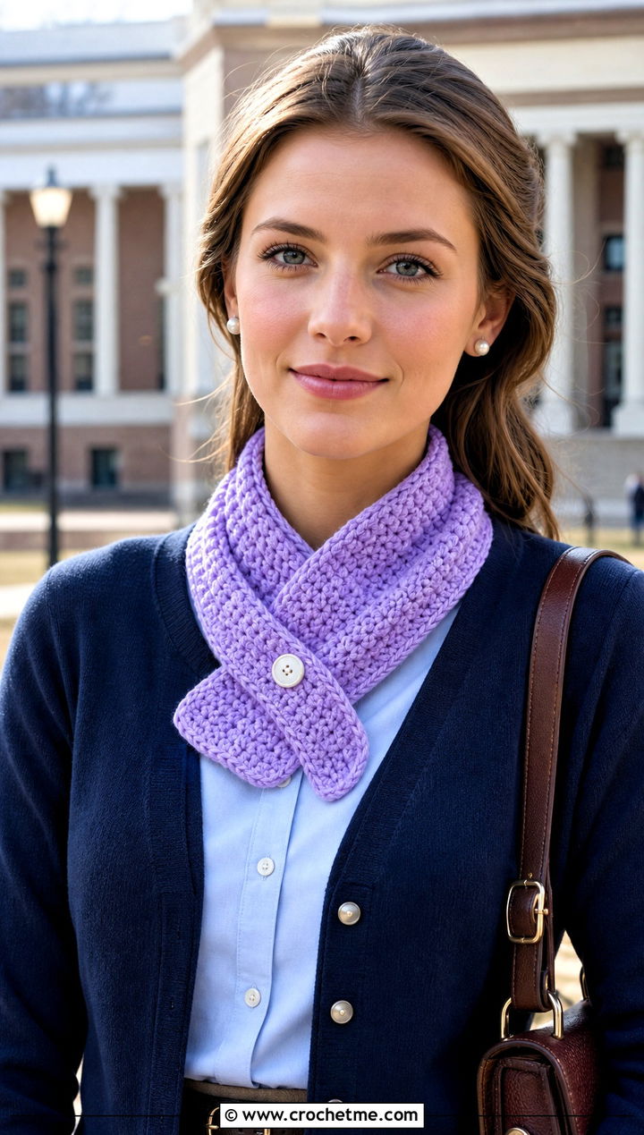 Buttoned Lemon Peel Stitch Scarf With Preppy Cardigan - 20 Crochet Lemon Peel Stitch Scarf outfit ideas
