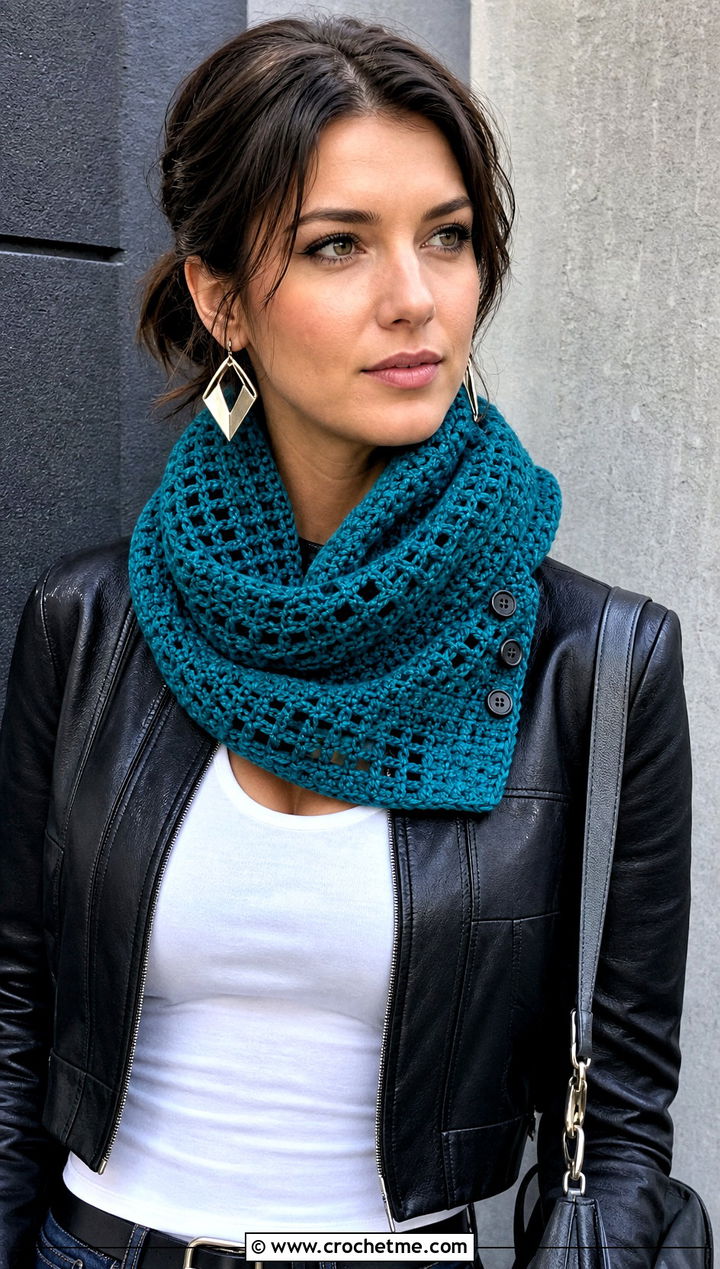 Buttoned Mbius Crochet Windowpane Scarf With Leather Jacket - 15 crochet windowpane scarf outfit ideas