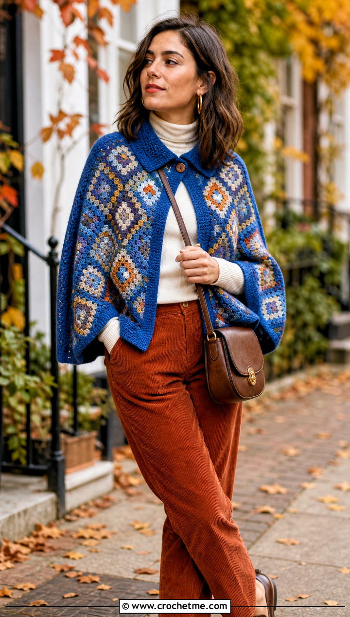 Buttoned Mosaic Crochet Shawl With Corduroy Pants - 30 mosaic crochet shawl outfit ideas