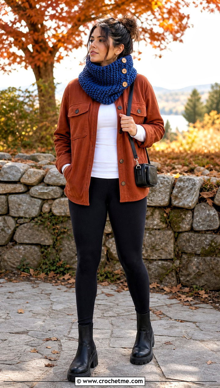 Buttoned Moss Stitch Cowl Scarf With Shacket And Leggings - 35 crochet moss stitch scarf outfit ideas
