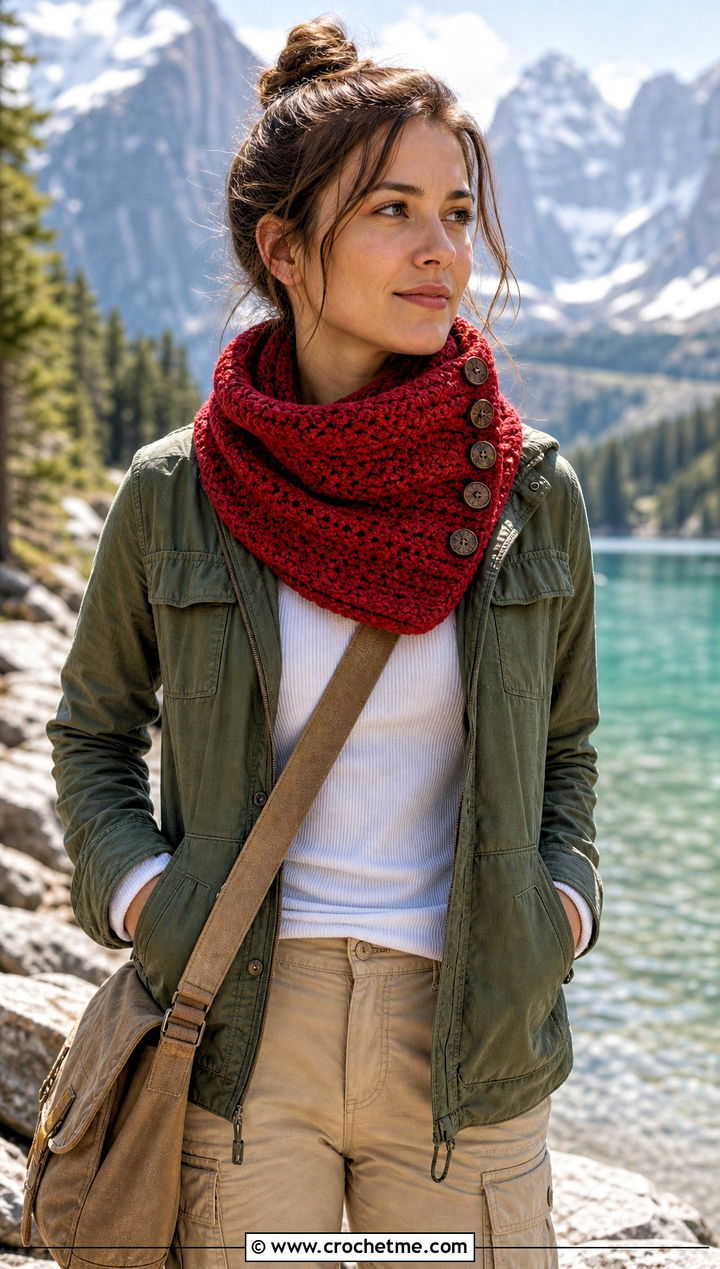 Buttoned Moss Stitch Crochet Cowl With Utility Jacket - 15 Moss Stitch Crochet Cowl outfit ideas