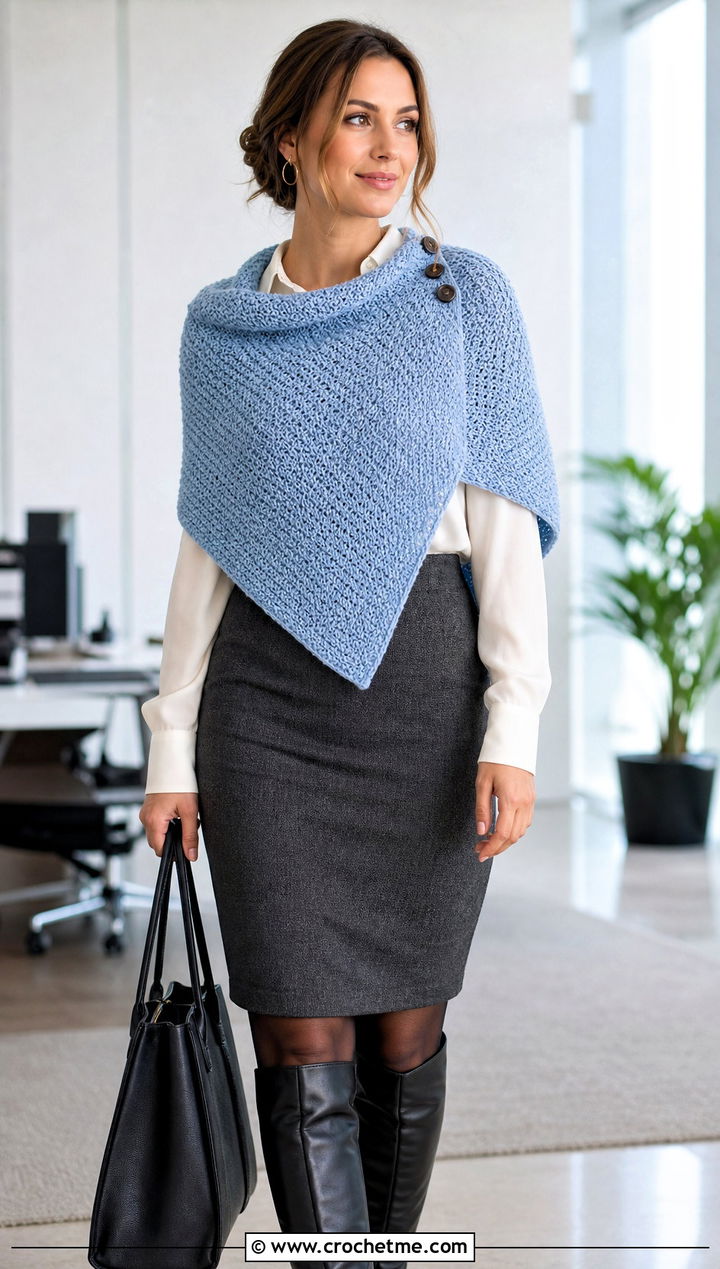 Buttoned Moss Stitch Shawl With A Pencil Skirt - 25 Crochet Moss Stitch Shawl outfit ideas