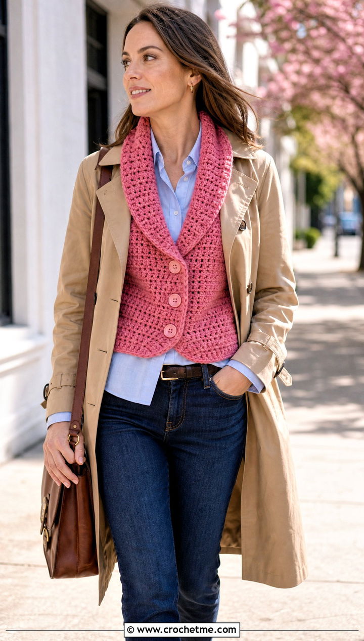 Buttoned Pink Crochet Cowl With Trench Coat - 15 pink crochet cowl outfit ideas