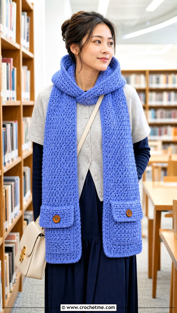 Buttoned Pocket Crochet Hooded Scarf With Cardigan - 25 crochet hooded pocket scarf outfit ideas
