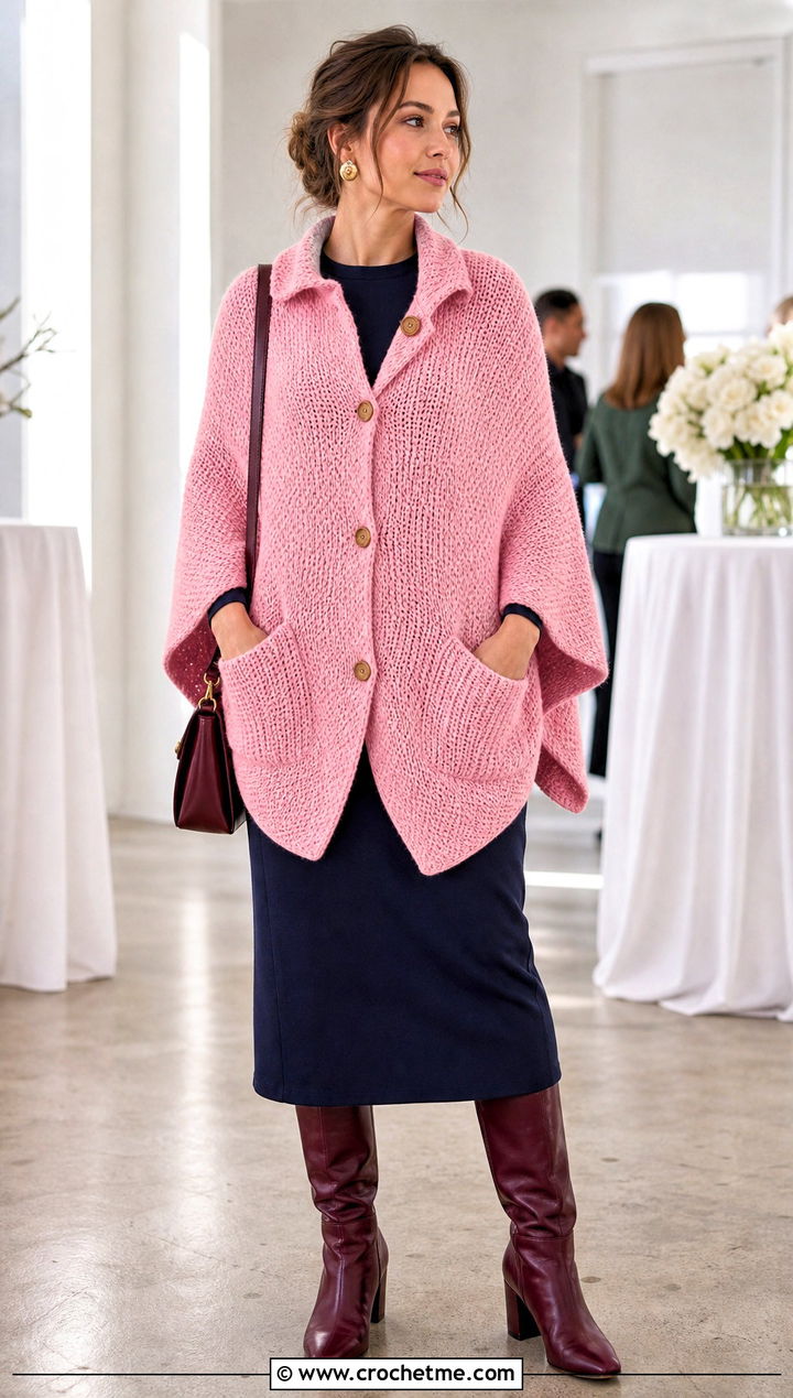 Buttoned Pocket Shawl With A Column Dress - 15 Tunisian Crochet Pocket Shawl outfit ideas