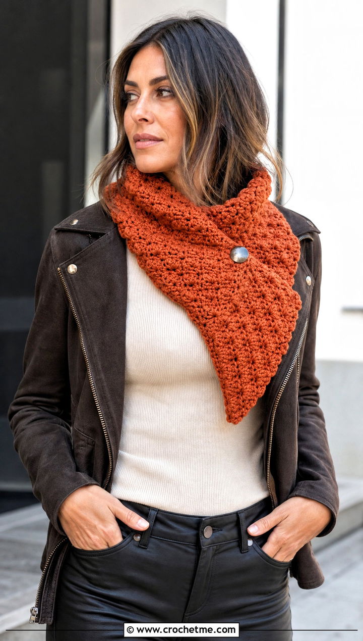 Buttoned Popcorn Crochet Scarf With Moto Jacket - 25 Popcorn Crochet Scarf outfit ideas