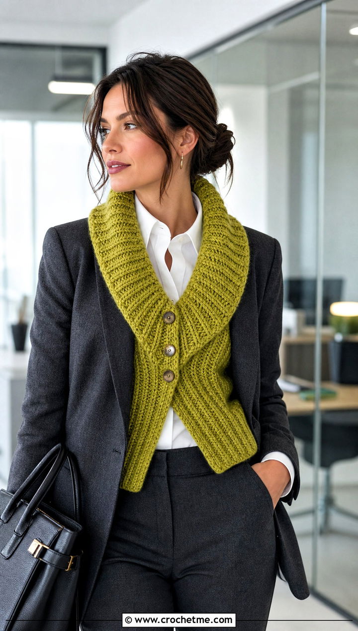 Buttoned Ribbed Cowl With Tailored Blazer - 20 Crochet Ribbed Cowl outfit ideas
