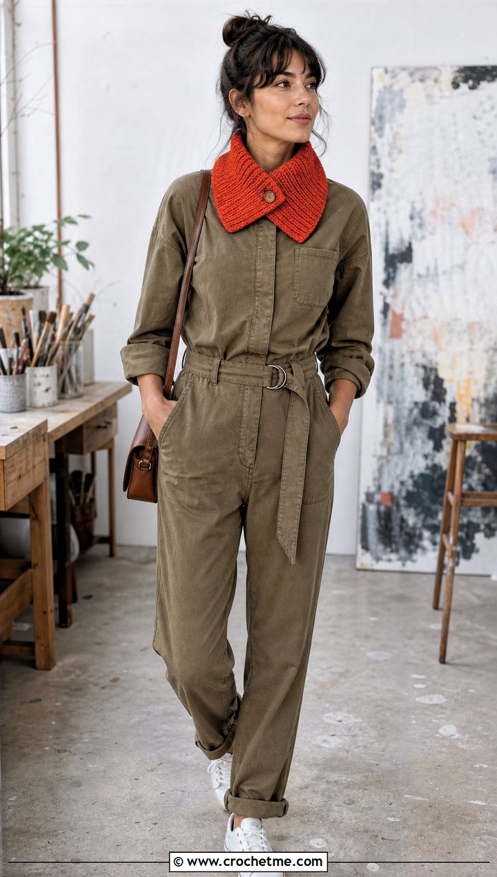 Buttoned Ribbed Crochet Scarf With Utility Jumpsuit - 20 Ribbed Crochet Scarf outfit ideas