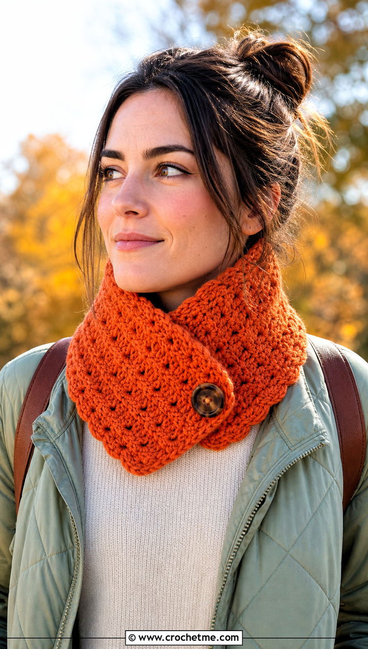 Buttoned Shell Neck Warmer With Quilted Jacket - 25 crochet shell scarf outfit ideas
