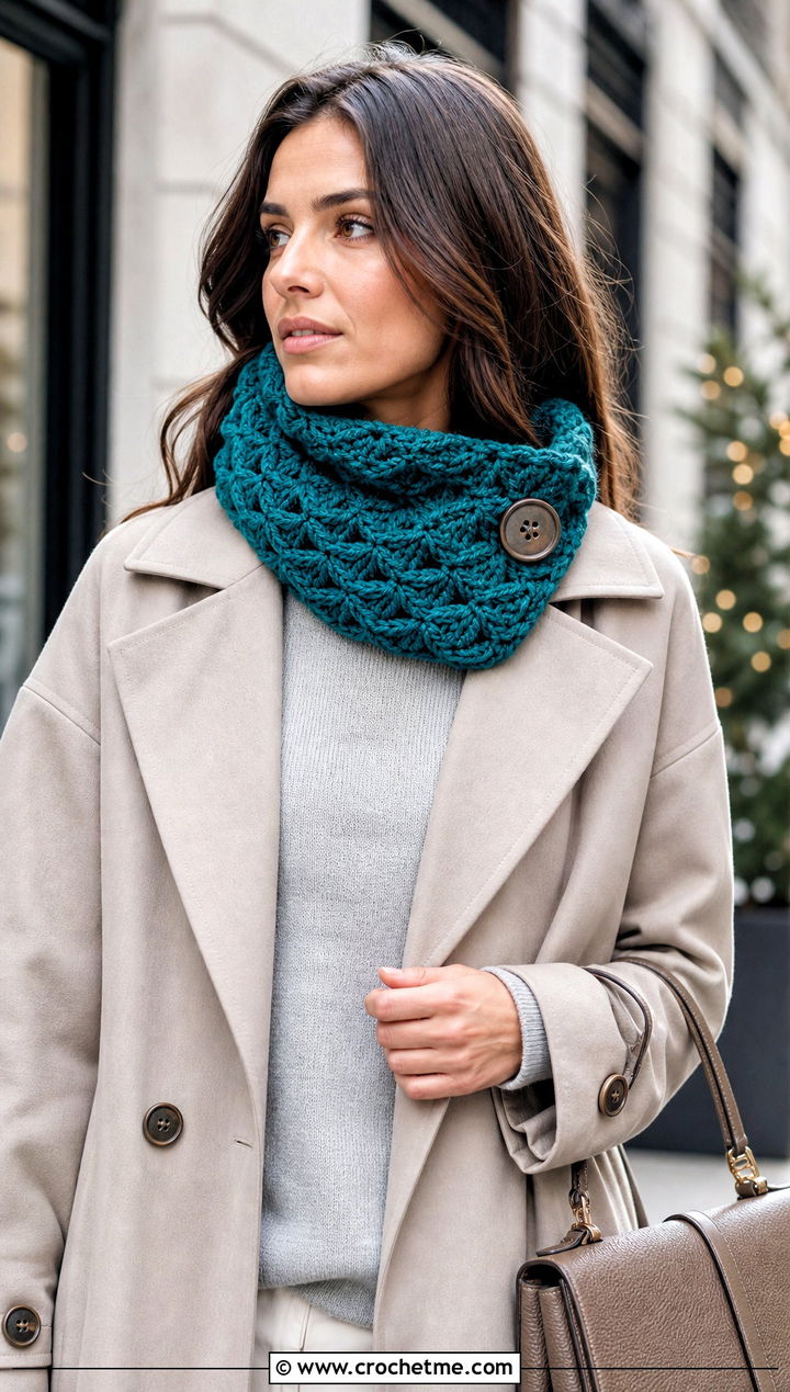 Buttoned Shell Stitch Crochet Cowl With Trench Coat - 15 1 Skein Crochet Cowl outfit ideas