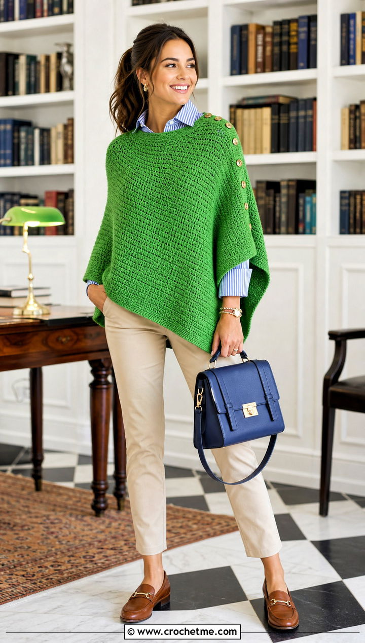 Buttoned Shoulder Crochet Poncho With Chinos - 25 Easy Simple Crochet Poncho outfit ideas