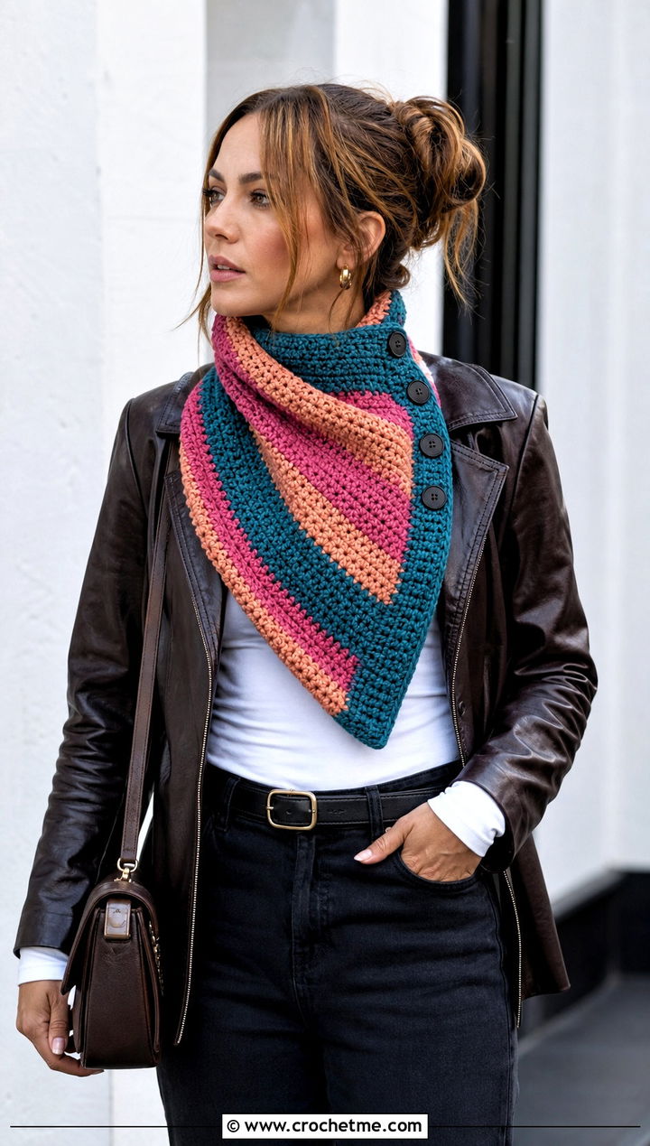 Buttoned Striped Crochet Cowl With Leather Jacket - 15 striped crochet cowl outfit ideas