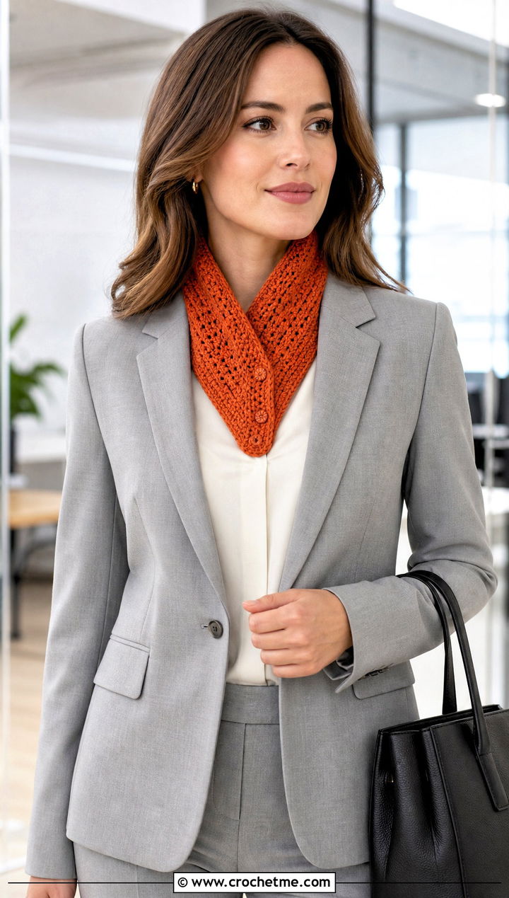 Buttoned Thermal Stitch Crochet Neck Scarf With Pantsuit - 20 Thermal Stitch Crochet Scarf outfit ideas